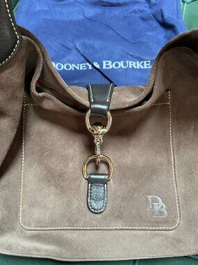 Dooney & Bourke Taupe Suede Leather Trim Slouch Tote Shoulder Bag Large